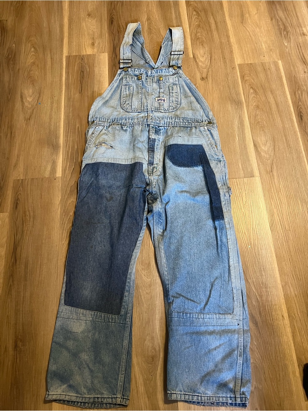 Vintage Light Blue Big Smith Patchwork Denim Overalls-farm worn!!  Sz XL/2XL